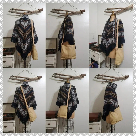 Vintage Blue Fringe Woven Knit Shawl Boho Chevron Design Aztec Scarf Poncho Cape - Picture 4 of 4